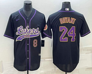 Mens Los Angeles Lakers #8 #24 Kobe Bryant Number Black With Patch Cool Base Stitched Baseball Jersey->los angeles lakers->NBA Jersey